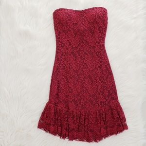La Scala Red Floral Lace Strapless Dress